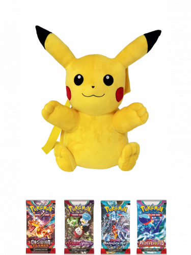 Okazyjny zestaw Pokémon - plecak dziecięcy + 4x booster (Scarlet & Violet, Paldea Evolved, Obsidian Flames, Paradox Rift)