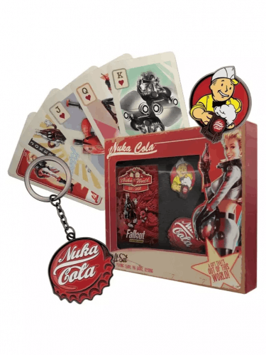 Zestaw podarunkowy Fallout - Nuka Cola (karty do gry, breloczek, przypinka)
